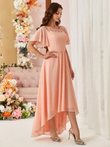 Elegant Women's Early Spring Wedding Season Popular Soft Matte Wax Pink Elegant Chiffon Boat Neck