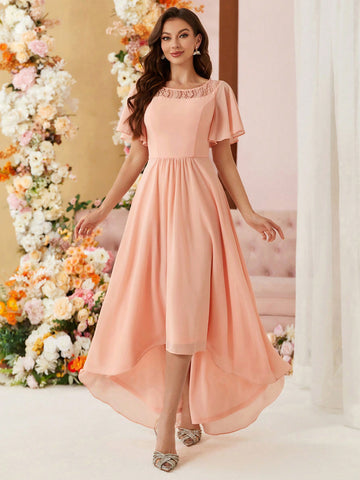 Elegant Women's Early Spring Wedding Season Popular Soft Matte Wax Pink Elegant Chiffon Boat Neck