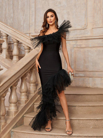 Elegant Women's Exaggerated Style Ruffled And Fitted Classic Black Evening Dress With Layered Mesh And Lotus Leaf Model