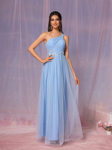 Elegant Women's Floral Embellished Mesh Bridesmaid Dress (Adult)