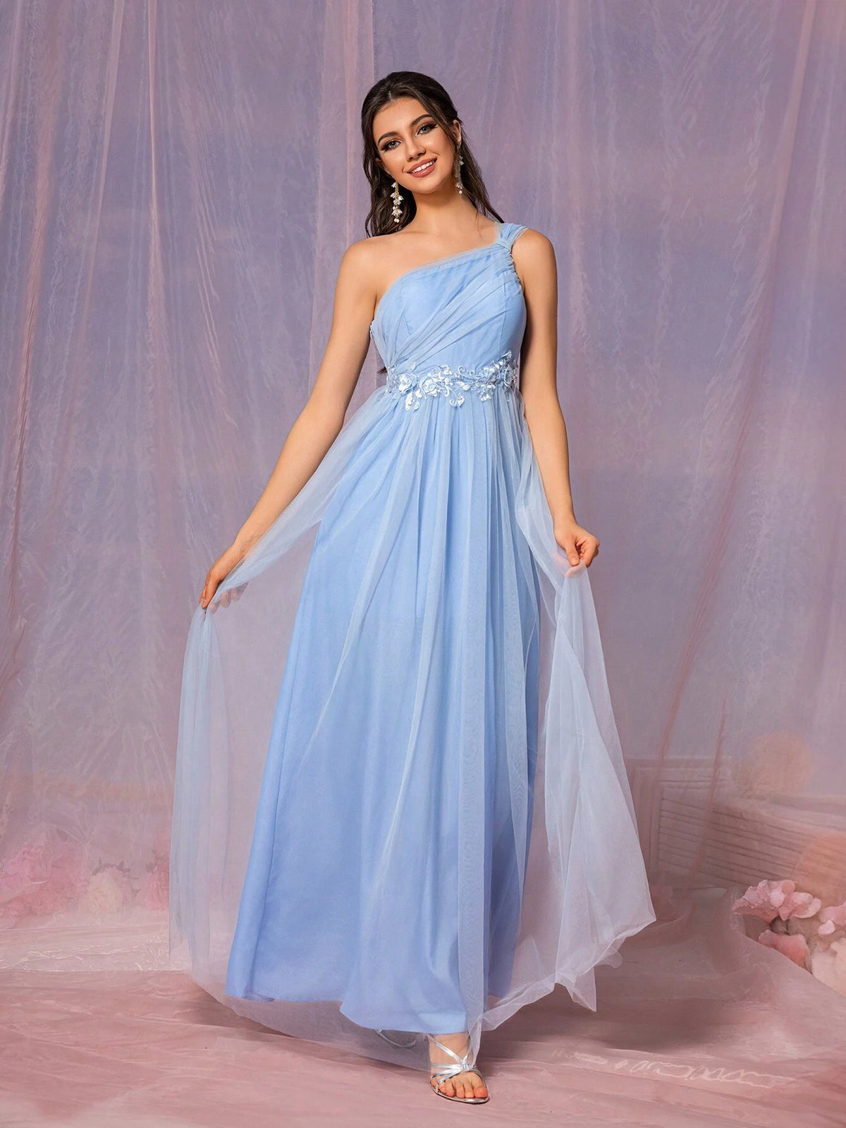 Elegant Women's Floral Embellished Mesh Bridesmaid Dress (Adult)