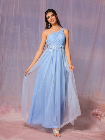 Elegant Women's Floral Embellished Mesh Bridesmaid Dress (Adult)