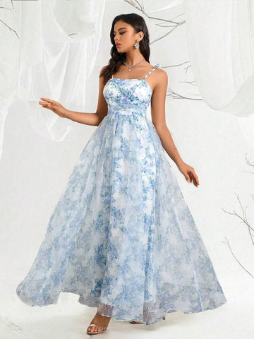 Elegant Women's Organza Floral Print Pleated Belted Cami Dress