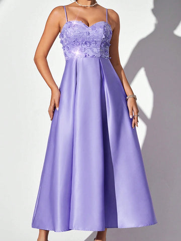 Elegant Women's Simple Lavender Purple Spaghetti Straps Bust Cups Peach Heart V-Neck Fine Glitter Stereoscopic Floral Beaded Patchwork Glossy Satin Pleated A Hem Dating Party Graduation Season Wedding Event Vacation Cocktail Evening Gowns