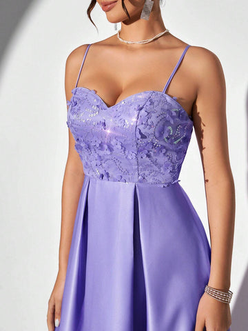 Elegant Women's Simple Lavender Purple Spaghetti Straps Bust Cups Peach Heart V-Neck Fine Glitter Stereoscopic Floral Beaded Patchwork Glossy Satin Pleated A Hem Dating Party Graduation Season Wedding Event Vacation Cocktail Evening Gowns