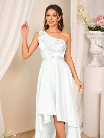 Elegant Women's Summer Floral Embroidery Patchwork Oblique-Shoulder Sleeveless High-Low Dress