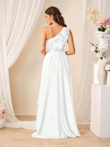 Elegant Women's Summer Floral Embroidery Patchwork Oblique-Shoulder Sleeveless High-Low Dress