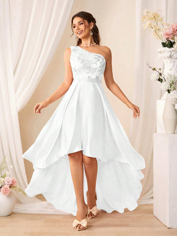 Elegant Women's Summer Floral Embroidery Patchwork Oblique-Shoulder Sleeveless High-Low Dress