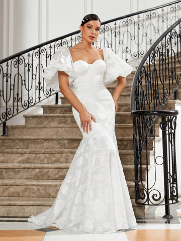 Elegant Women's Woven Mesh Jacquard Exaggerated Puff Sleeves, Breast Cup Shape, Fishbone Decoration, Buttocks, Fishtail, Large Tail, Back Strap Wedding Dress