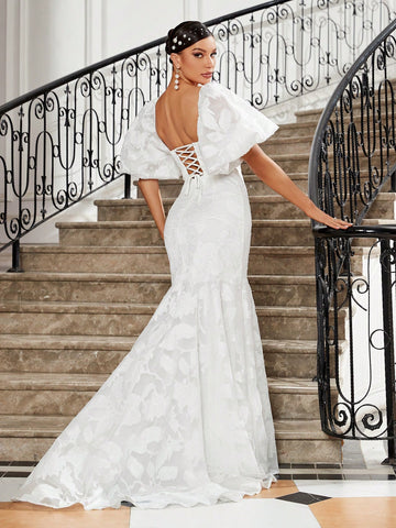 Elegant Women's Woven Mesh Jacquard Exaggerated Puff Sleeves, Breast Cup Shape, Fishbone Decoration, Buttocks, Fishtail, Large Tail, Back Strap Wedding Dress