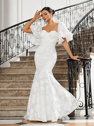 Elegant Women's Woven Mesh Jacquard Exaggerated Puff Sleeves, Breast Cup Shape, Fishbone Decoration, Buttocks, Fishtail, Large Tail, Back Strap Wedding Dress