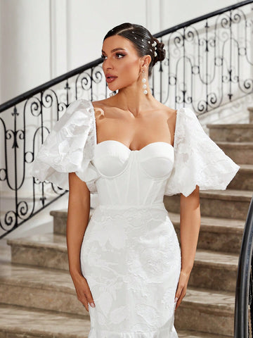 Elegant Women's Woven Mesh Jacquard Exaggerated Puff Sleeves, Breast Cup Shape, Fishbone Decoration, Buttocks, Fishtail, Large Tail, Back Strap Wedding Dress