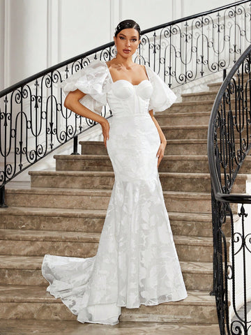 Elegant Women's Woven Mesh Jacquard Exaggerated Puff Sleeves, Breast Cup Shape, Fishbone Decoration, Buttocks, Fishtail, Large Tail, Back Strap Wedding Dress