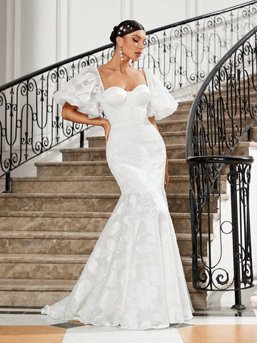 Elegant Women's Woven Mesh Jacquard Exaggerated Puff Sleeves, Breast Cup Shape, Fishbone Decoration, Buttocks, Fishtail, Large Tail, Back Strap Wedding Dress