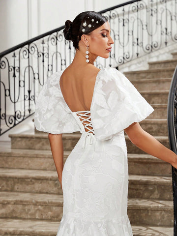 Elegant Women's Woven Mesh Jacquard Exaggerated Puff Sleeves, Breast Cup Shape, Fishbone Decoration, Buttocks, Fishtail, Large Tail, Back Strap Wedding Dress