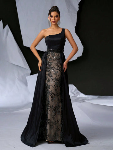 Elegant & Charming Women's Black Long Shiny Sheath Dress With Romantic Off-Shoulder And Shimmering Flower Applique, Featuring Removable Skirt For Multiple Styles; Perfect For Parties, Weddings, Gatherings, Holidays, Banquets And Formal Occasions