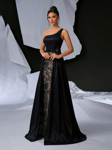 Elegant & Charming Women's Black Long Shiny Sheath Dress With Romantic Off-Shoulder And Shimmering Flower Applique, Featuring Removable Skirt For Multiple Styles; Perfect For Parties, Weddings, Gatherings, Holidays, Banquets And Formal Occasions