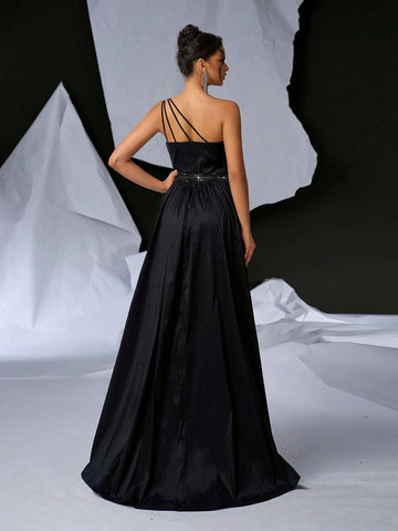 Elegant & Charming Women's Black Long Shiny Sheath Dress With Romantic Off-Shoulder And Shimmering Flower Applique, Featuring Removable Skirt For Multiple Styles; Perfect For Parties, Weddings, Gatherings, Holidays, Banquets And Formal Occasions