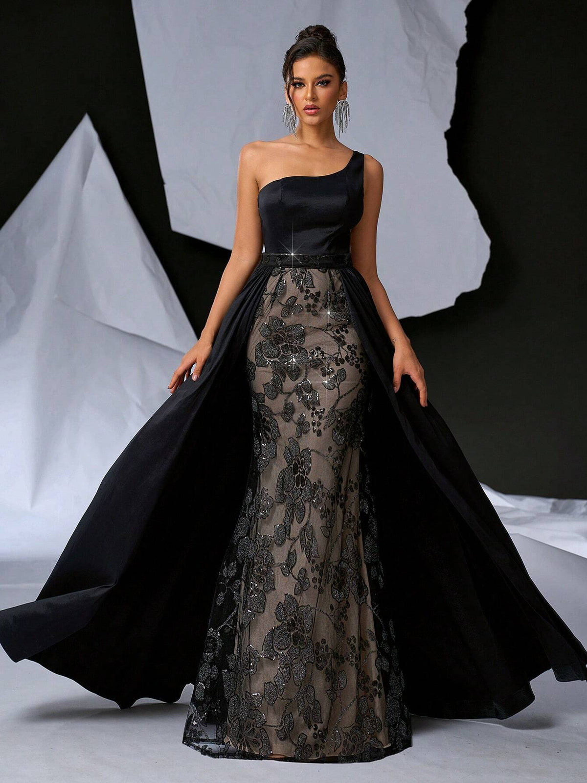 Elegant & Charming Women's Black Long Shiny Sheath Dress With Romantic Off-Shoulder And Shimmering Flower Applique, Featuring Removable Skirt For Multiple Styles; Perfect For Parties, Weddings, Gatherings, Holidays, Banquets And Formal Occasions