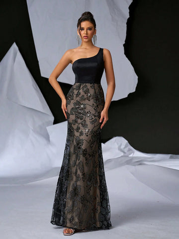 Elegant & Charming Women's Black Long Shiny Sheath Dress With Romantic Off-Shoulder And Shimmering Flower Applique, Featuring Removable Skirt For Multiple Styles; Perfect For Parties, Weddings, Gatherings, Holidays, Banquets And Formal Occasions