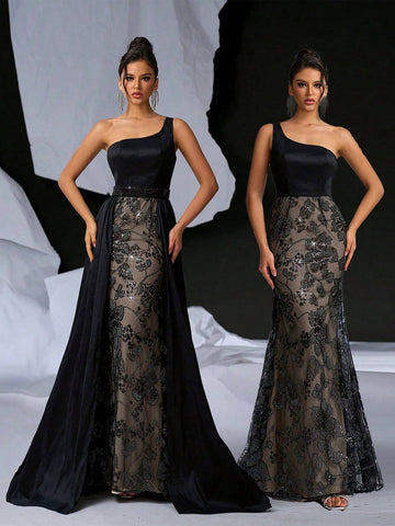 Elegant & Charming Women's Black Long Shiny Sheath Dress With Romantic Off-Shoulder And Shimmering Flower Applique, Featuring Removable Skirt For Multiple Styles; Perfect For Parties, Weddings, Gatherings, Holidays, Banquets And Formal Occasions