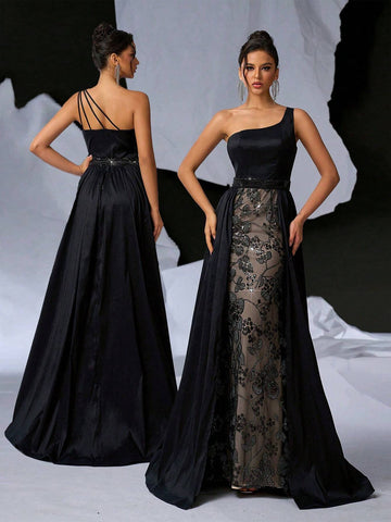 Elegant & Charming Women's Black Long Shiny Sheath Dress With Romantic Off-Shoulder And Shimmering Flower Applique, Featuring Removable Skirt For Multiple Styles; Perfect For Parties, Weddings, Gatherings, Holidays, Banquets And Formal Occasions