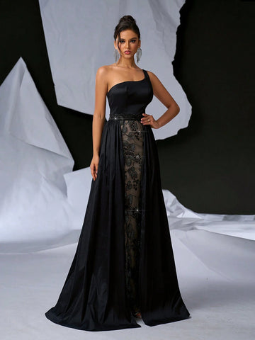 Elegant & Charming Women's Black Long Shiny Sheath Dress With Romantic Off-Shoulder And Shimmering Flower Applique, Featuring Removable Skirt For Multiple Styles; Perfect For Parties, Weddings, Gatherings, Holidays, Banquets And Formal Occasions