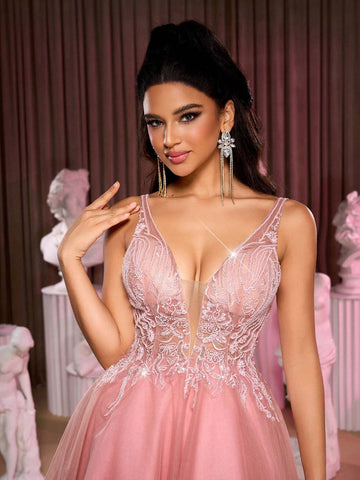 Elegant & Cute Suspender Studded Mesh Tulle Flared Skirt Princess Style Light Green Tea Party Cocktail Evening Dress