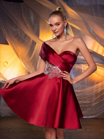 Elegant & Glamorous Stunning Red Shoulder-Revealing High Waist Luxurious Embroidered Pearl & Rhinestone Embellished Flare Short Dress, Suitable For Wedding, Graduation, Holiday, Bachelorette Party, Prom