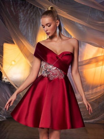 Elegant & Glamorous Stunning Red Shoulder-Revealing High Waist Luxurious Embroidered Pearl & Rhinestone Embellished Flare Short Dress, Suitable For Wedding, Graduation, Holiday, Bachelorette Party, Prom