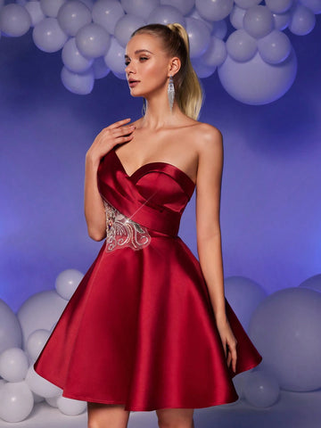 Elegant & Glamorous Stunning Red Shoulder-Revealing High Waist Luxurious Embroidered Pearl & Rhinestone Embellished Flare Short Dress, Suitable For Wedding, Graduation, Holiday, Bachelorette Party, Prom