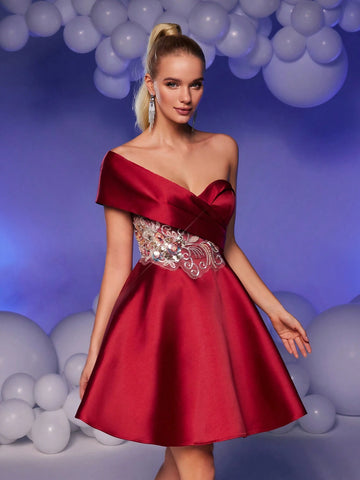 Elegant & Glamorous Stunning Red Shoulder-Revealing High Waist Luxurious Embroidered Pearl & Rhinestone Embellished Flare Short Dress, Suitable For Wedding, Graduation, Holiday, Bachelorette Party, Prom
