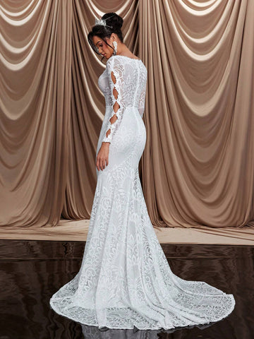 Elegant & Glamorous V-Neck Sheer Floral Lace Mermaid Maxi Dress With Train, Suitable For Wedding, Engagement Party, Singles Party, Vacation, Ball, Bridal