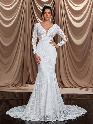 Elegant & Glamorous V-Neck Sheer Floral Lace Mermaid Maxi Dress With Train, Suitable For Wedding, Engagement Party, Singles Party, Vacation, Ball, Bridal