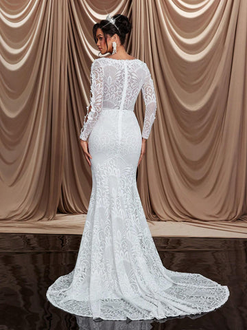 Elegant & Glamorous V-Neck Sheer Floral Lace Mermaid Maxi Dress With Train, Suitable For Wedding, Engagement Party, Singles Party, Vacation, Ball, Bridal