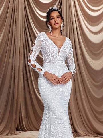 Elegant & Glamorous V-Neck Sheer Floral Lace Mermaid Maxi Dress With Train, Suitable For Wedding, Engagement Party, Singles Party, Vacation, Ball, Bridal