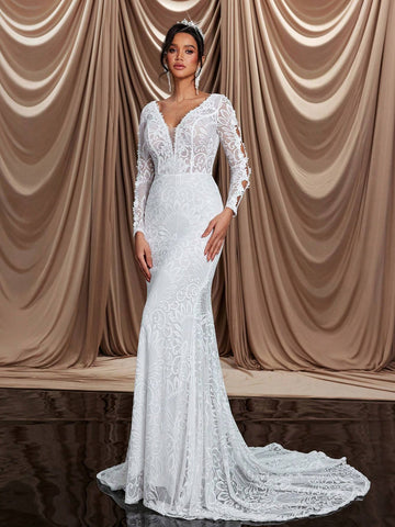 Elegant & Glamorous V-Neck Sheer Floral Lace Mermaid Maxi Dress With Train, Suitable For Wedding, Engagement Party, Singles Party, Vacation, Ball, Bridal