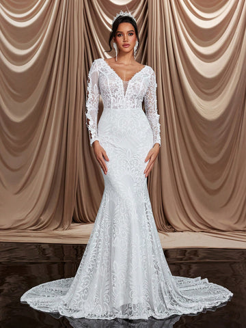 Elegant & Glamorous V-Neck Sheer Floral Lace Mermaid Maxi Dress With Train, Suitable For Wedding, Engagement Party, Singles Party, Vacation, Ball, Bridal