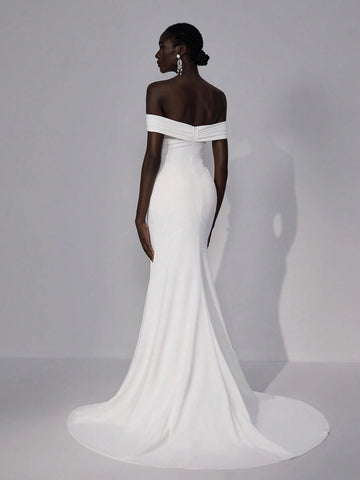 Elegant & Glamorous White V-Neck Off Shoulder Elastic Knit Ruched Design Open Shoulder Bodycon Fishtail High Slit Maxi Dress, Suitable For Wedding, Party, Graduation, Vacation