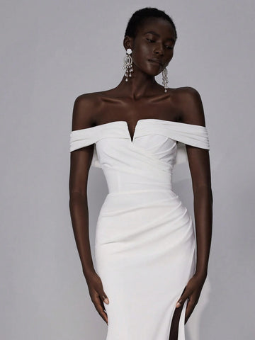 Elegant & Glamorous White V-Neck Off Shoulder Elastic Knit Ruched Design Open Shoulder Bodycon Fishtail High Slit Maxi Dress, Suitable For Wedding, Party, Graduation, Vacation