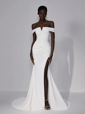 Elegant & Glamorous White V-Neck Off Shoulder Elastic Knit Ruched Design Open Shoulder Bodycon Fishtail High Slit Maxi Dress, Suitable For Wedding, Party, Graduation, Vacation