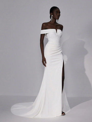 Elegant & Glamorous White V-Neck Off Shoulder Elastic Knit Ruched Design Open Shoulder Bodycon Fishtail High Slit Maxi Dress, Suitable For Wedding, Party, Graduation, Vacation