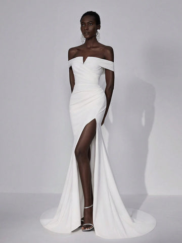 Elegant & Glamorous White V-Neck Off Shoulder Elastic Knit Ruched Design Open Shoulder Bodycon Fishtail High Slit Maxi Dress, Suitable For Wedding, Party, Graduation, Vacation