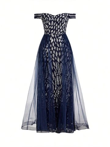 Elegant & Gorgeous Navy Blue Off Shoulder Neckline Beaded Florals Patchwork Flowy Mesh Dress, Stylish Evening Gown (Heavy Industry Version)