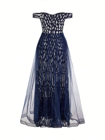 Elegant & Gorgeous Navy Blue Off Shoulder Neckline Beaded Florals Patchwork Flowy Mesh Dress, Stylish Evening Gown (Heavy Industry Version)