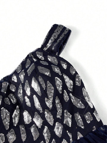 Elegant & Gorgeous Navy Blue Off Shoulder Neckline Beaded Florals Patchwork Flowy Mesh Dress, Stylish Evening Gown (Heavy Industry Version)