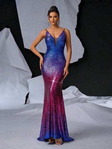 Elegant & Gorgeous Sexy Shoulder Strap V-Neck Color Gradient Sequined Slit Mermaid Dress With Glitter For Formal Evening Party