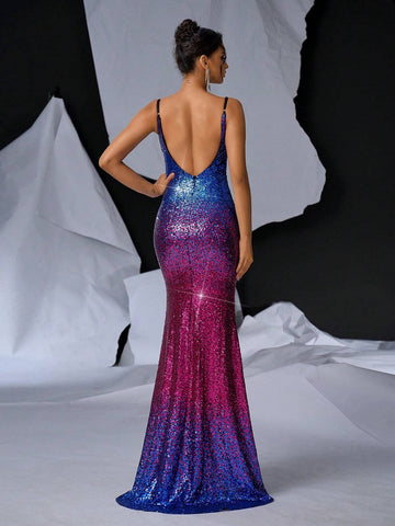 Elegant & Gorgeous Sexy Shoulder Strap V-Neck Color Gradient Sequined Slit Mermaid Dress With Glitter For Formal Evening Party