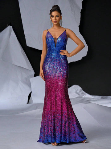Elegant & Gorgeous Sexy Shoulder Strap V-Neck Color Gradient Sequined Slit Mermaid Dress With Glitter For Formal Evening Party