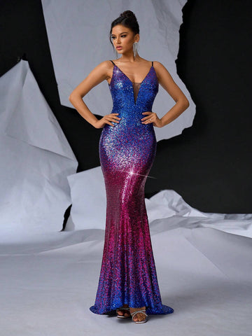 Elegant & Gorgeous Sexy Shoulder Strap V-Neck Color Gradient Sequined Slit Mermaid Dress With Glitter For Formal Evening Party